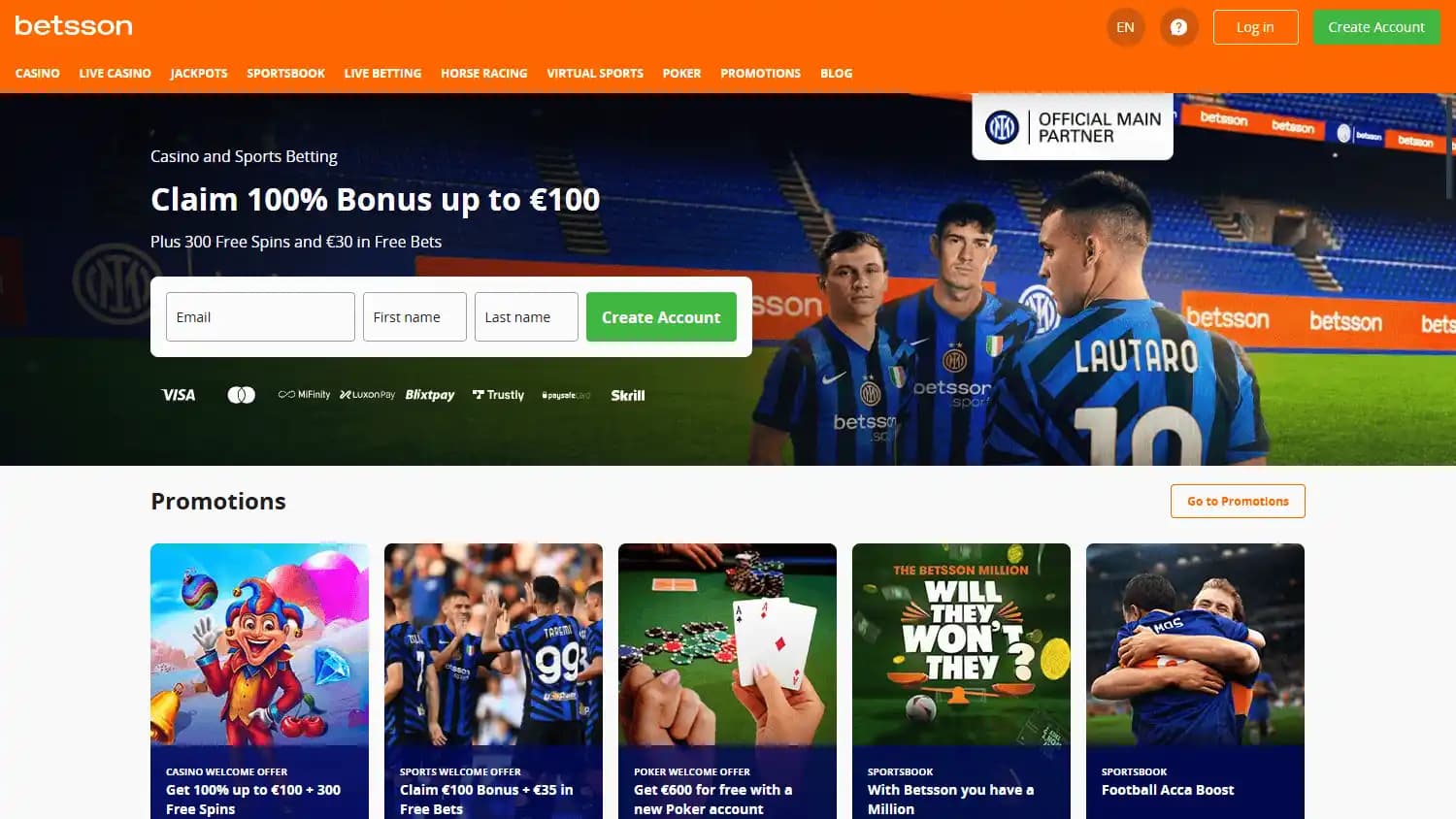 Betsson-Startseite mit Registrierung und getrennten Willkommensaktionen für Casino, Sportwetten und Poker