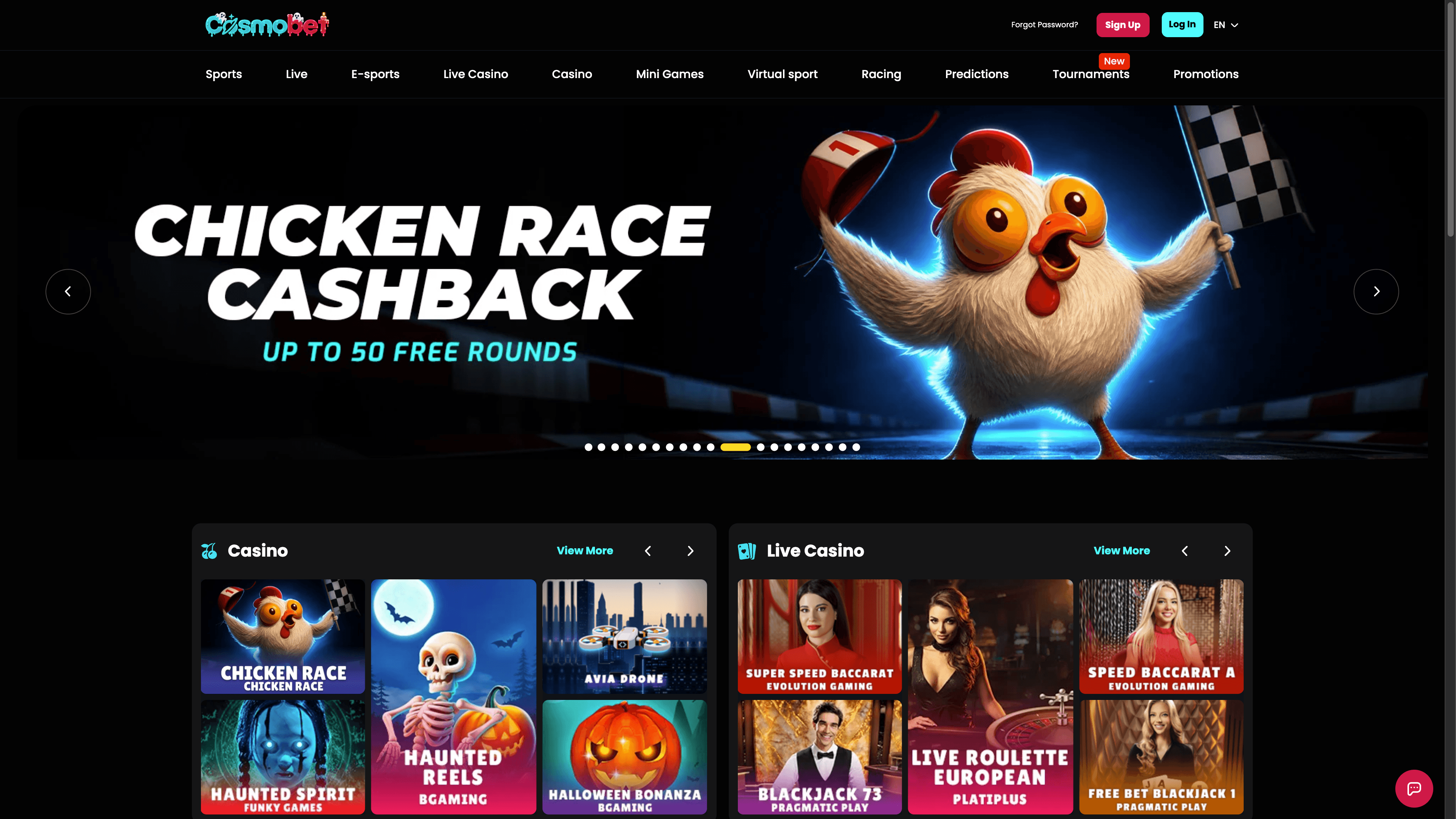 Cosmobet-Startseite mit Chicken-Race-Cashback, Casino- und Live-Spielen sowie Navigation zu Sport und E-Sport
