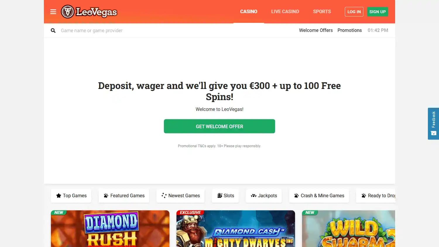 LeoVegas-Startseite mit Willkommensaktion, Suche nach Spielen und Studios sowie Filtern für Slots und Jackpots