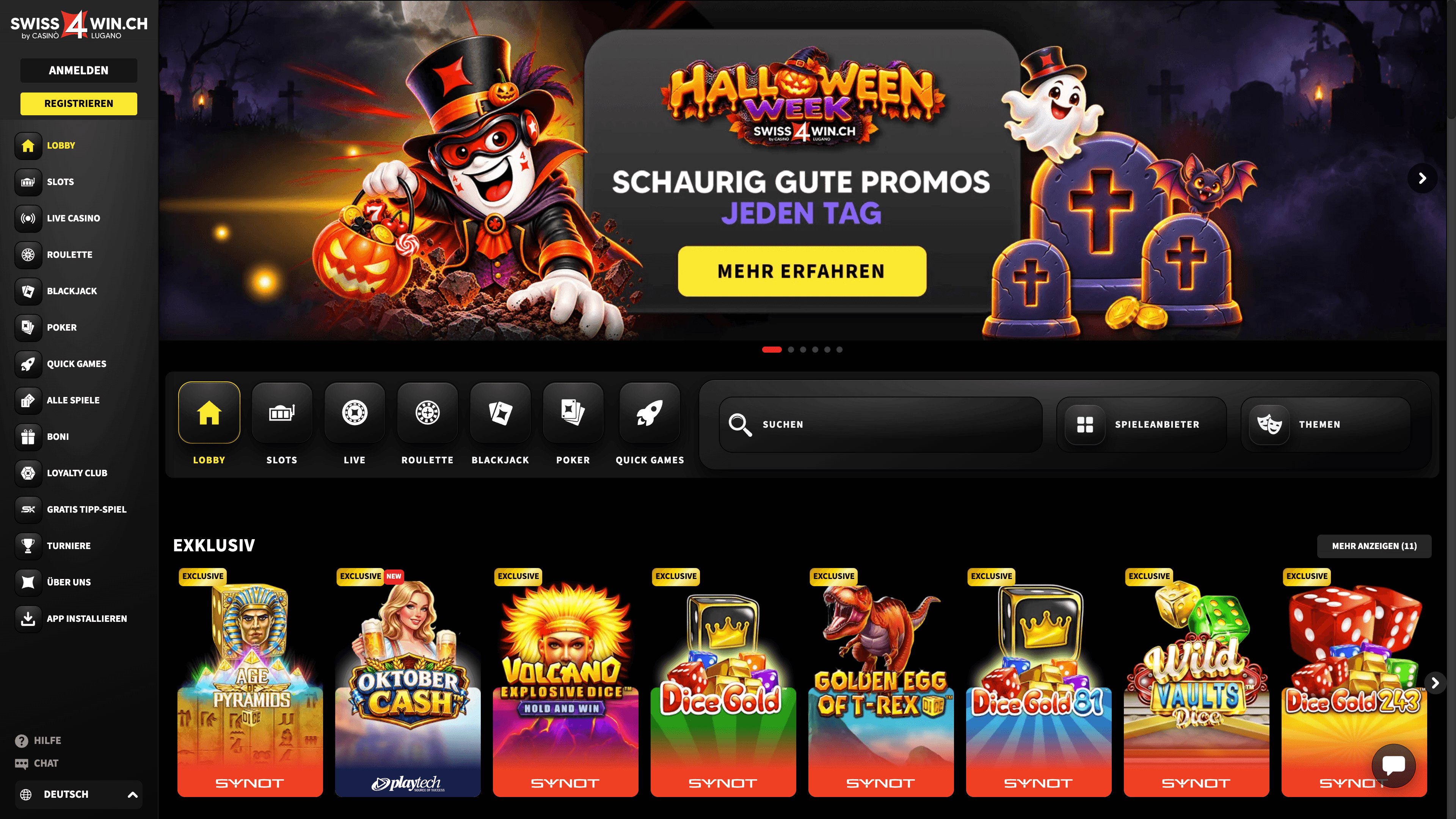 Swiss4Win-Startseite mit Halloween-Aktion, Spielsuche und Kategorien für exklusive Slots und Live-Casino