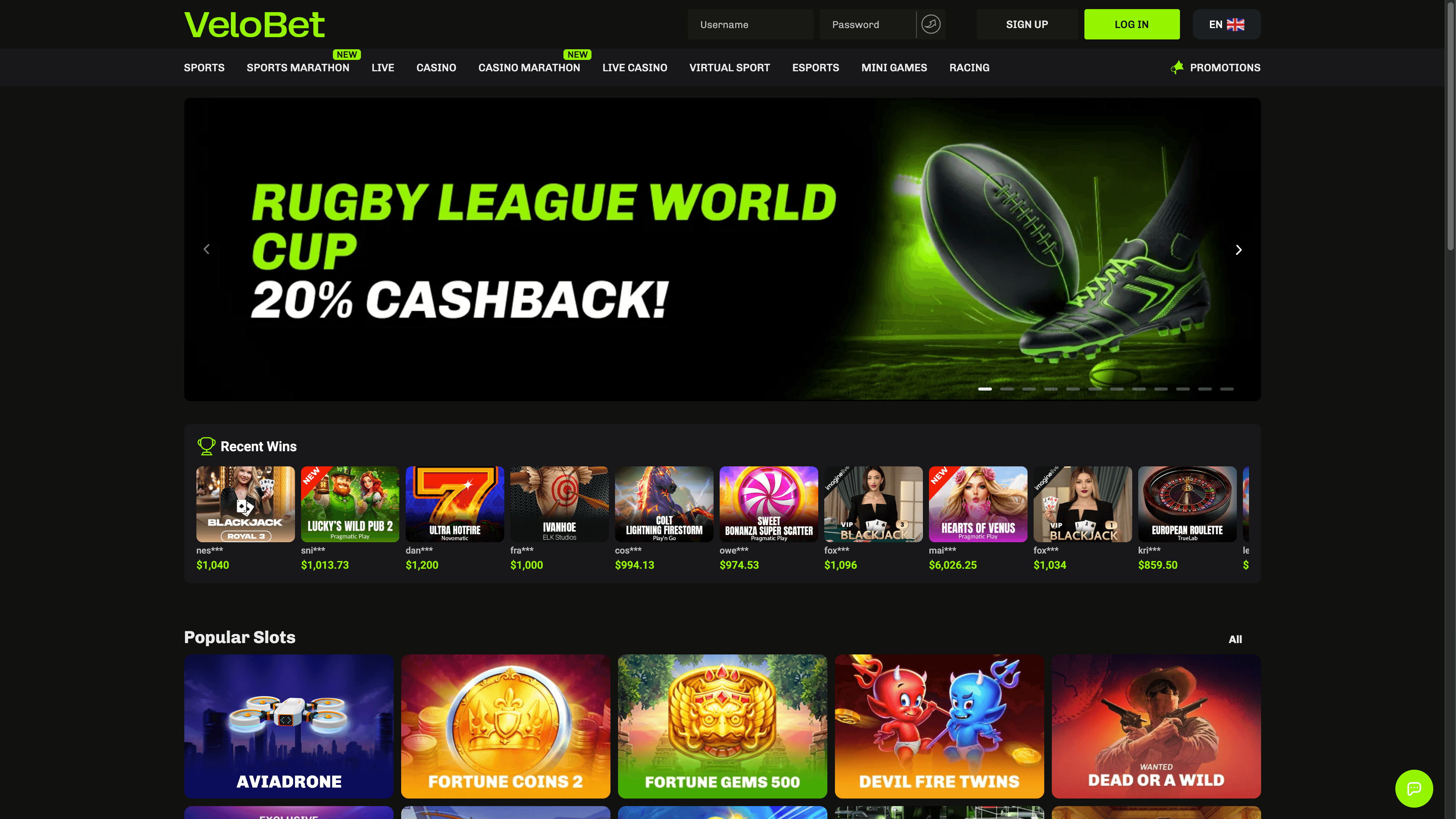 Velobet-Startseite mit Rugby-Cashback, Casino- und Sportnavigation sowie einer Auswahl beliebter Slots