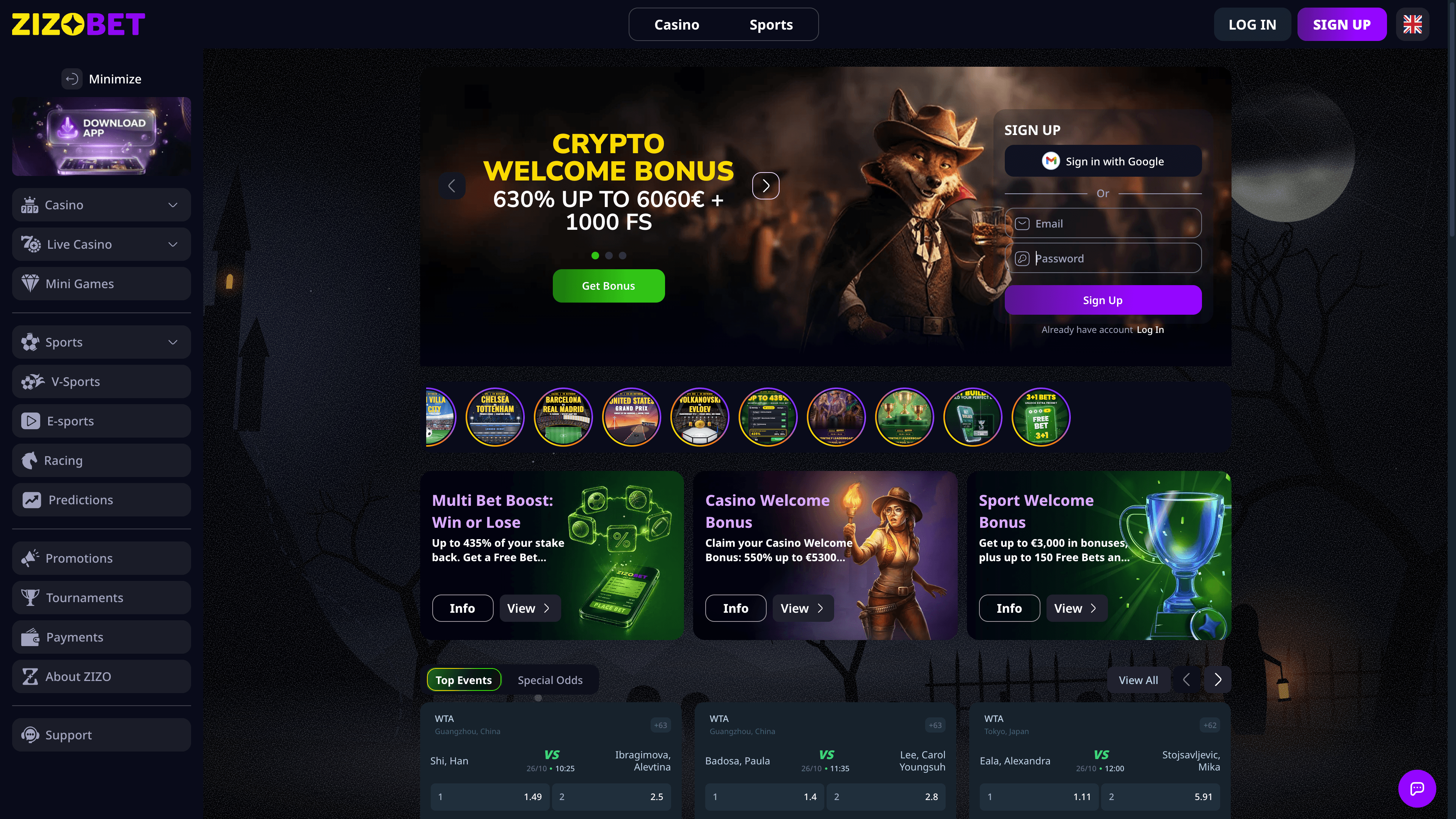 Zizobet-Startseite mit Krypto-Bonusbanner und seitlichem Menü für Casino, Live-Spiele, Minispiele und Sport