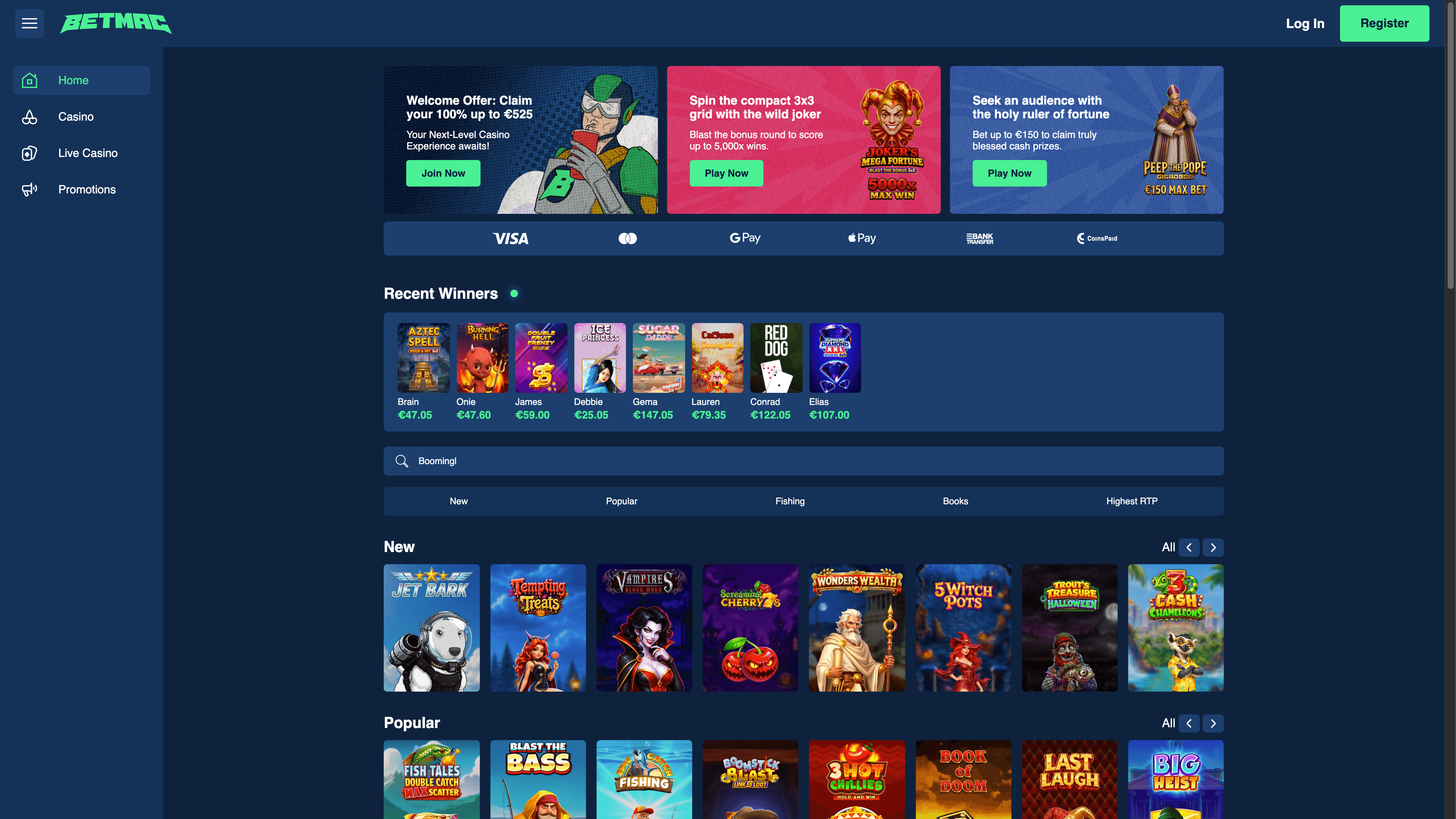 Betmac-Startseite mit Willkommensaktion, Spielsuche und Kategorien für neue und beliebte Slots