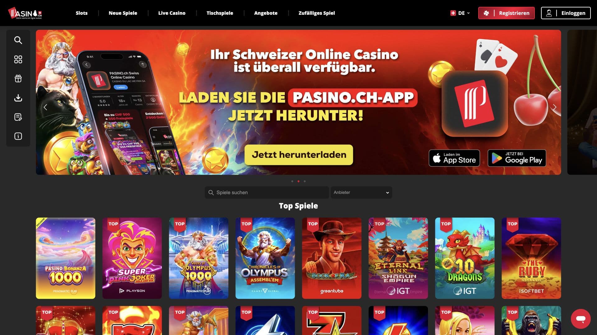 PASINO.ch-Startseite mit App-Werbung, Spielsuche, Anbieterfilter und Auswahl beliebter Casino-Spiele