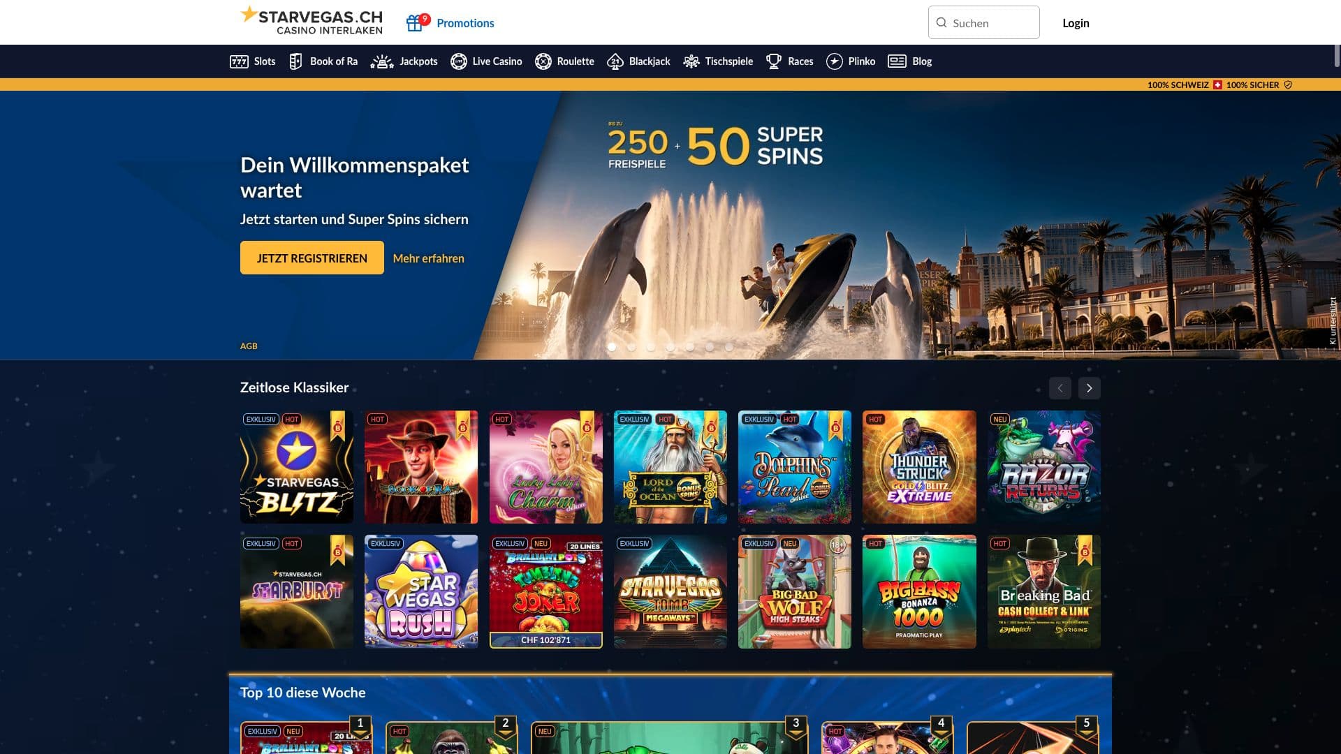 StarVegas-Startseite mit Willkommenspaket und Super Spins sowie Kategorien für klassische Slots und Tischspiele