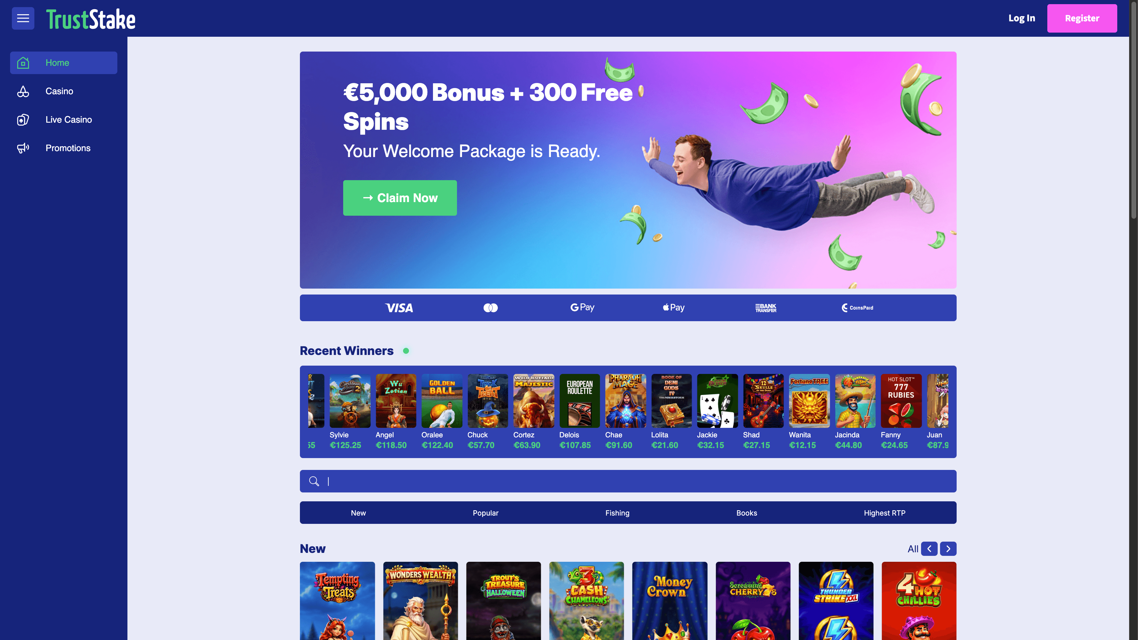 TrustStake-Startseite mit Willkommenspaket, Spielsuche und getrennten Listen für neue und beliebte Slots