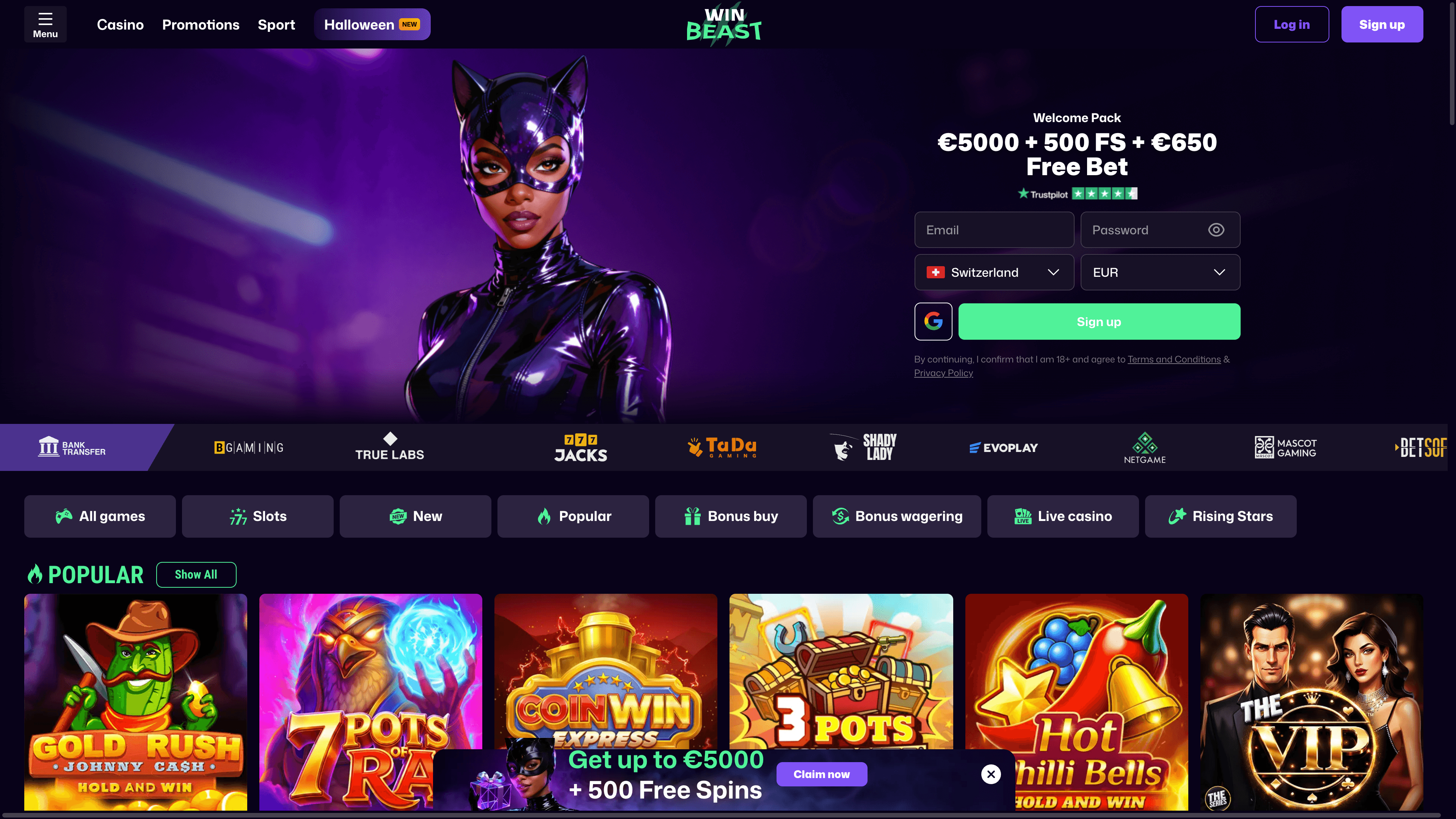 WinBeast-Startseite mit Willkommenspaket, Registrierung und Spielkategorien für Slots, Bonus-Buy und Live-Casino
